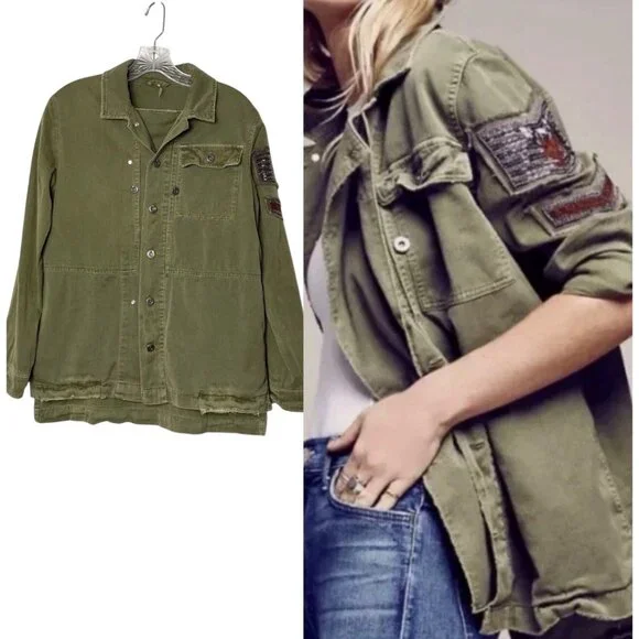 Free People Embellished Military Shirt Jacket Army Green Herringbone Jacket XS - Picture 8 of 8